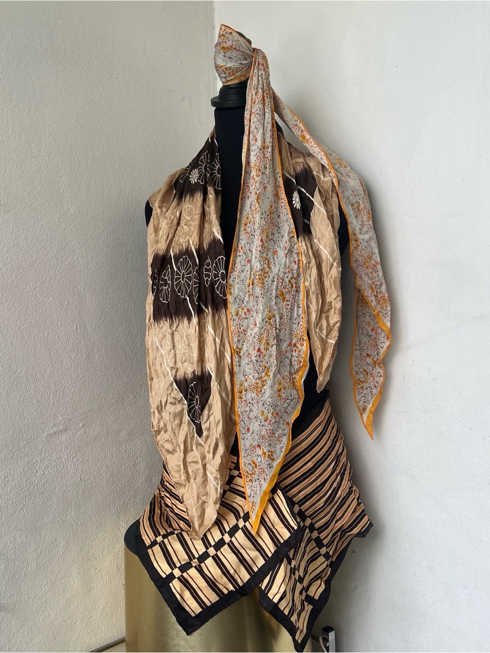 3pc Vintage Silk Scarf Bundle 3pc Floral 70s Camel Neutral Set